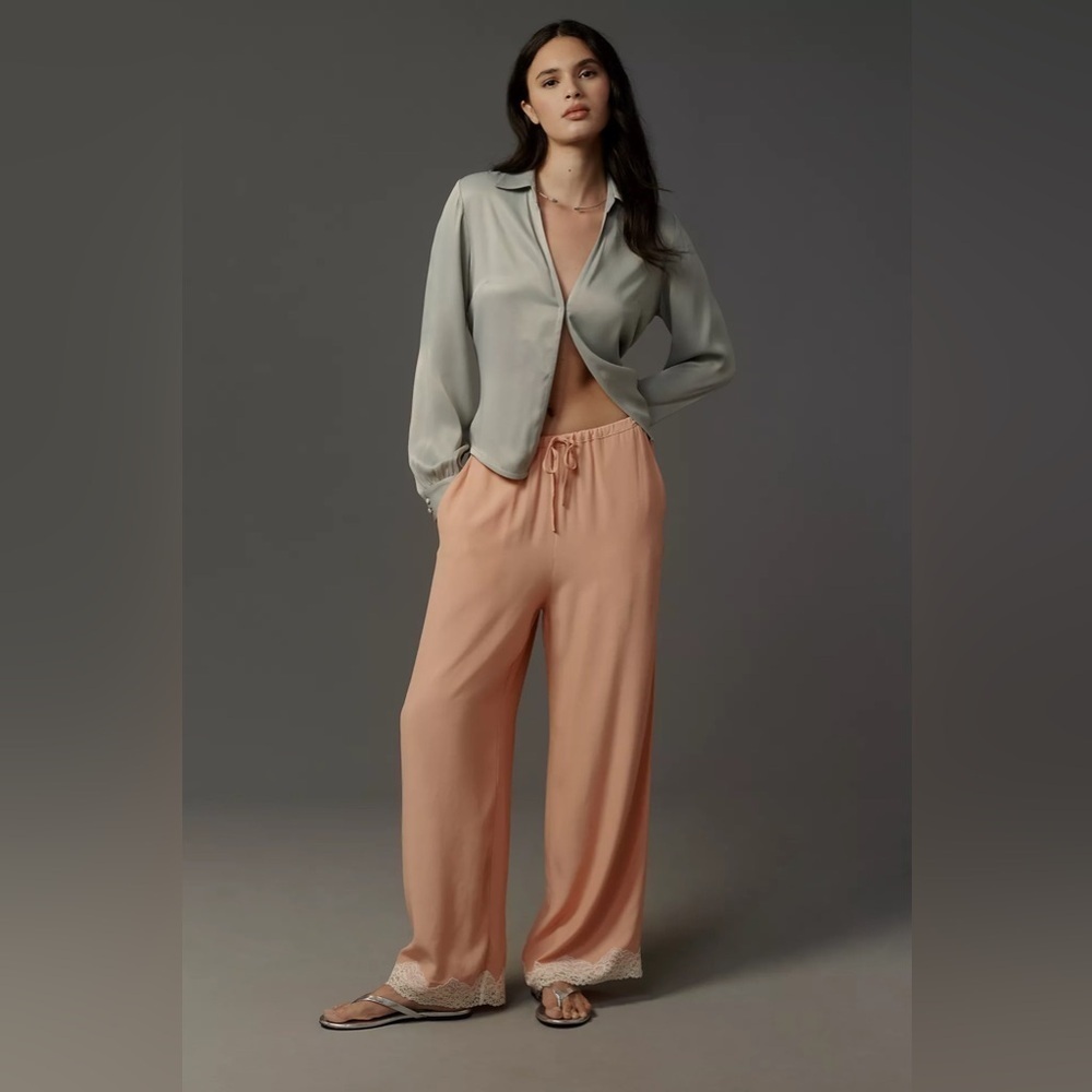 NWT! Anthropologie Pink Lace-Trim Silky Pull-On Pajama Pants 💎 🅰️